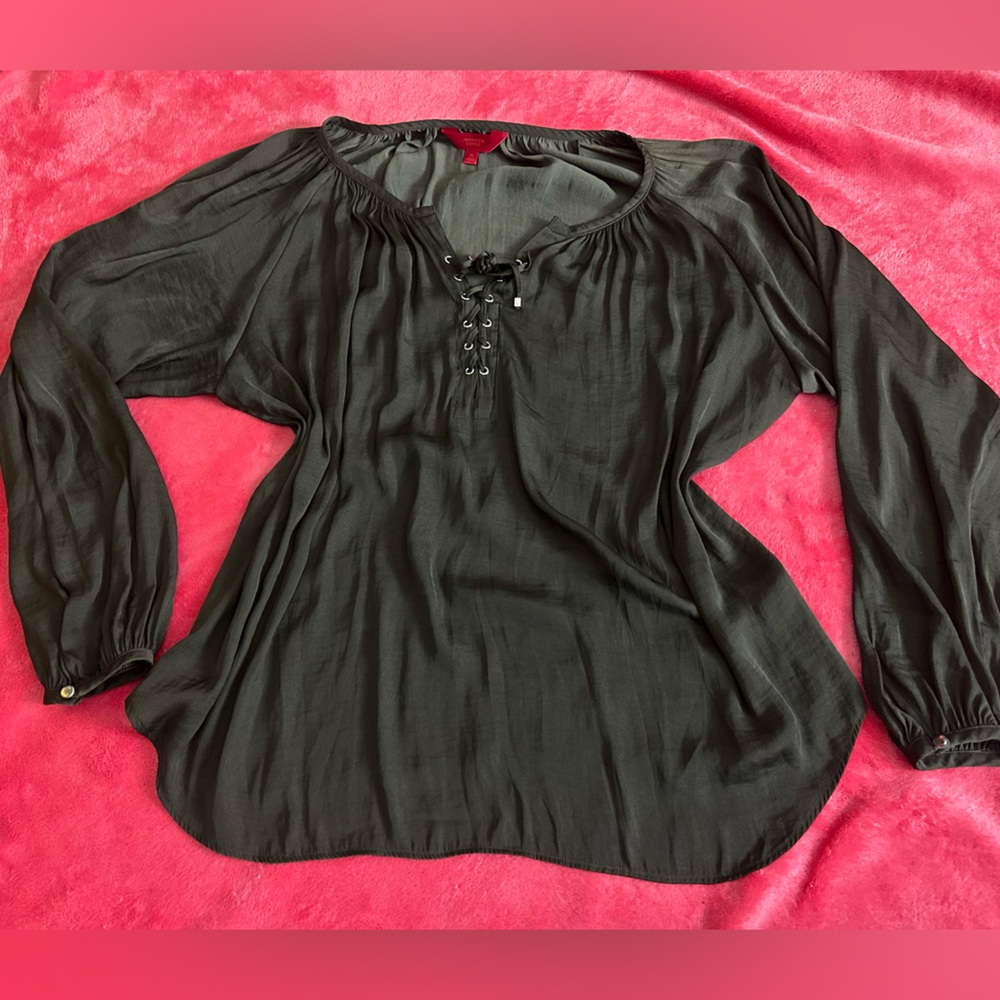Jennifer Lopez Green Lace-Up Long Sleeve Blouse